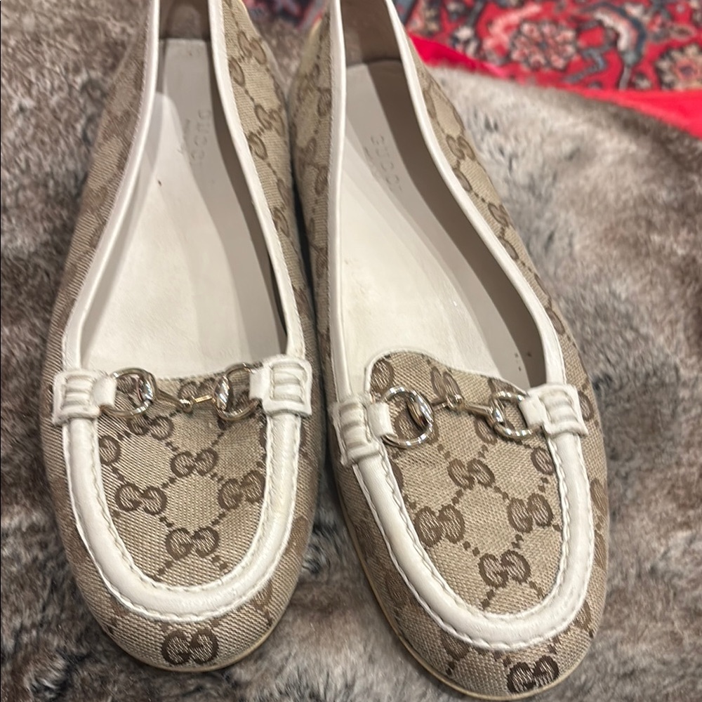 Gucci Beige Monogram Loafers for Women